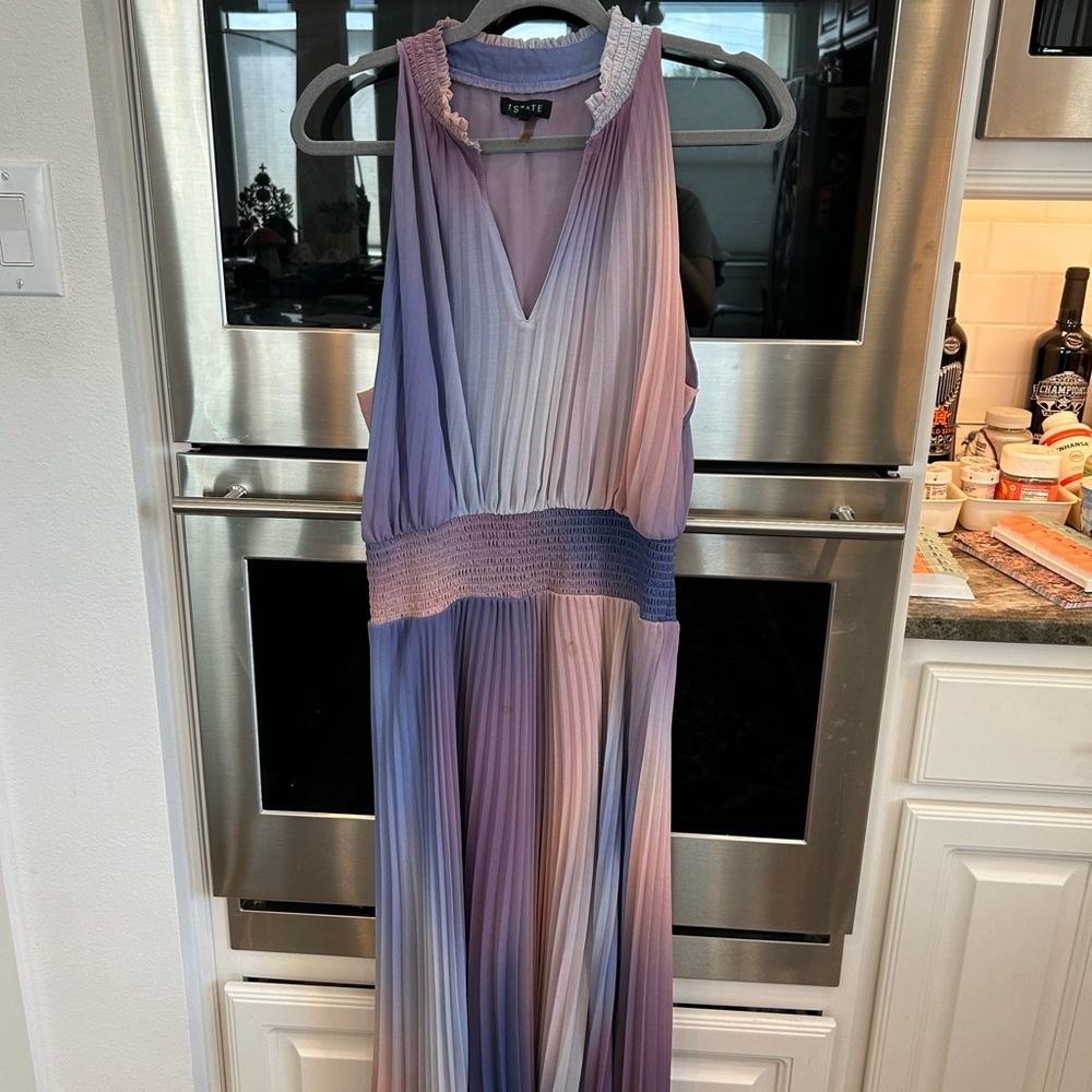 1. State Lavender and Blush Pleated Dress, size L, has stains but GUC